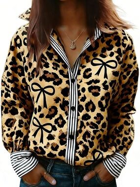 Cherry Betty Leopard Print Bow Accent Button-Up Blouse - Tan/Black size L